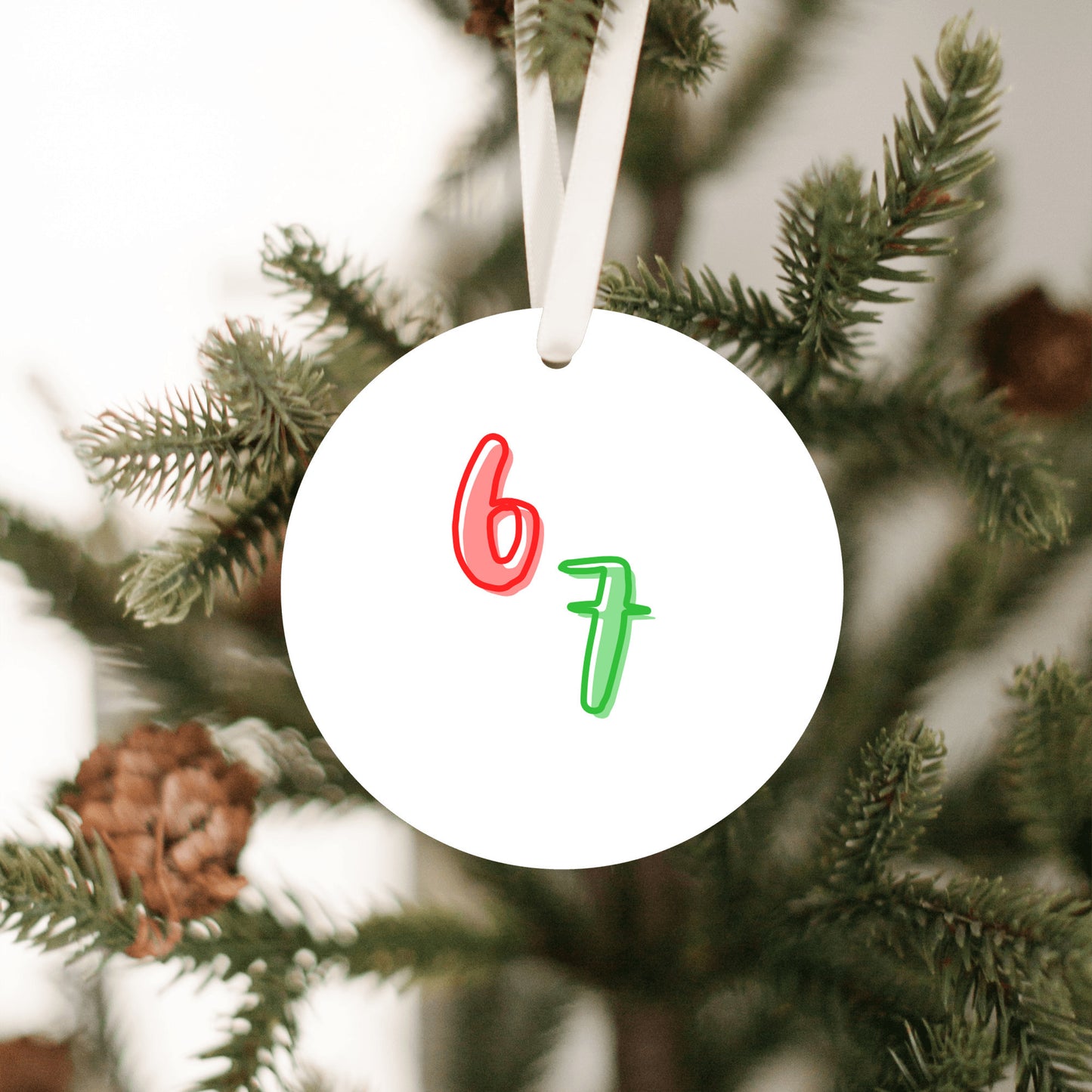 67 Christmas Ornament • Funny Viral Trend Ornament • Holiday Tree Decor • Gift for Friends • Round Plastic Ornament • Made in USA