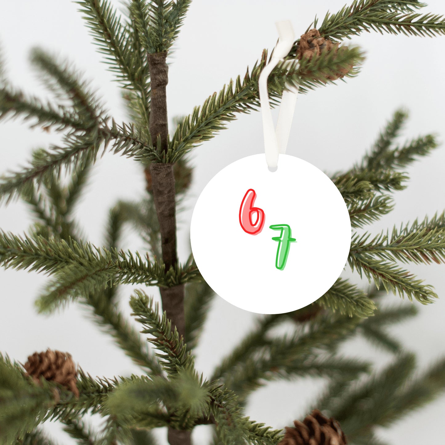 67 Christmas Ornament • Funny Viral Trend Ornament • Holiday Tree Decor • Gift for Friends • Round Plastic Ornament • Made in USA