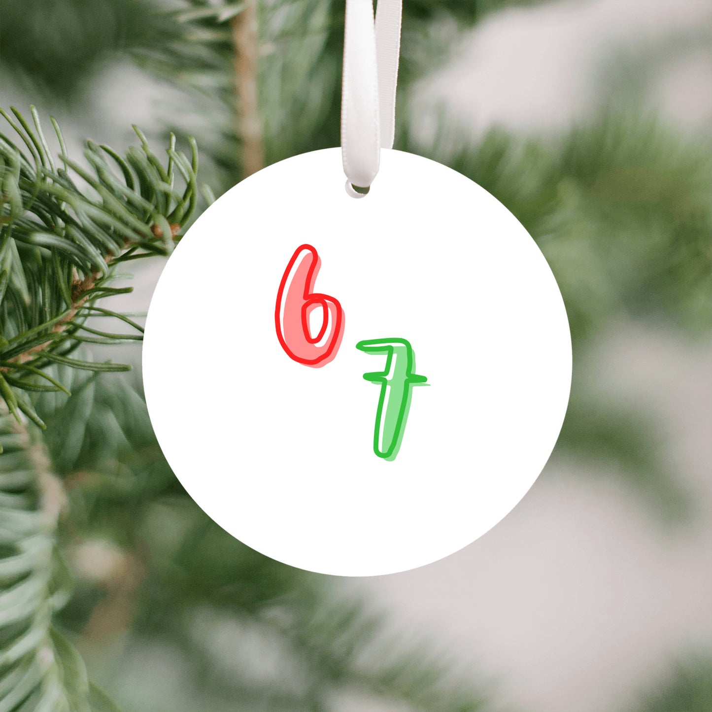 67 Christmas Ornament • Funny Viral Trend Ornament • Holiday Tree Decor • Gift for Friends • Round Plastic Ornament • Made in USA